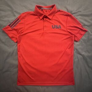 Adidas USA Golf Polo Mens M Short Sleeve Striped Red Embroidery Olympic Shirt